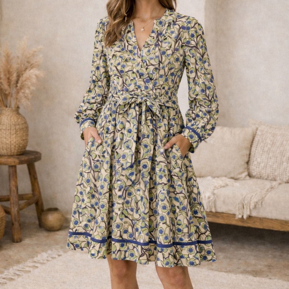 Me+Em Trailing Flower Print Fit & Flare Dress with Belt in Green Blue